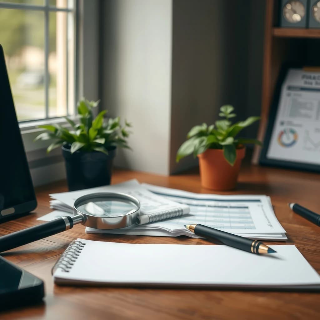 A magnifying glass resting on a stack of financial documents and a notepad on a wooden desk.