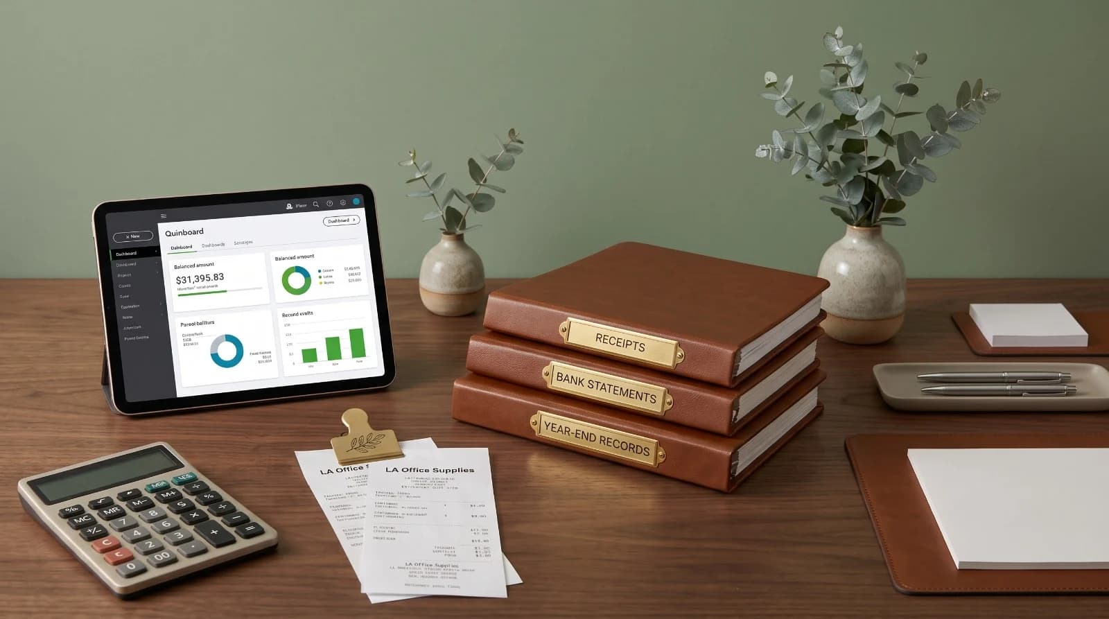An open ledger book with receipts and eucalyptus leaves on a soft green background.