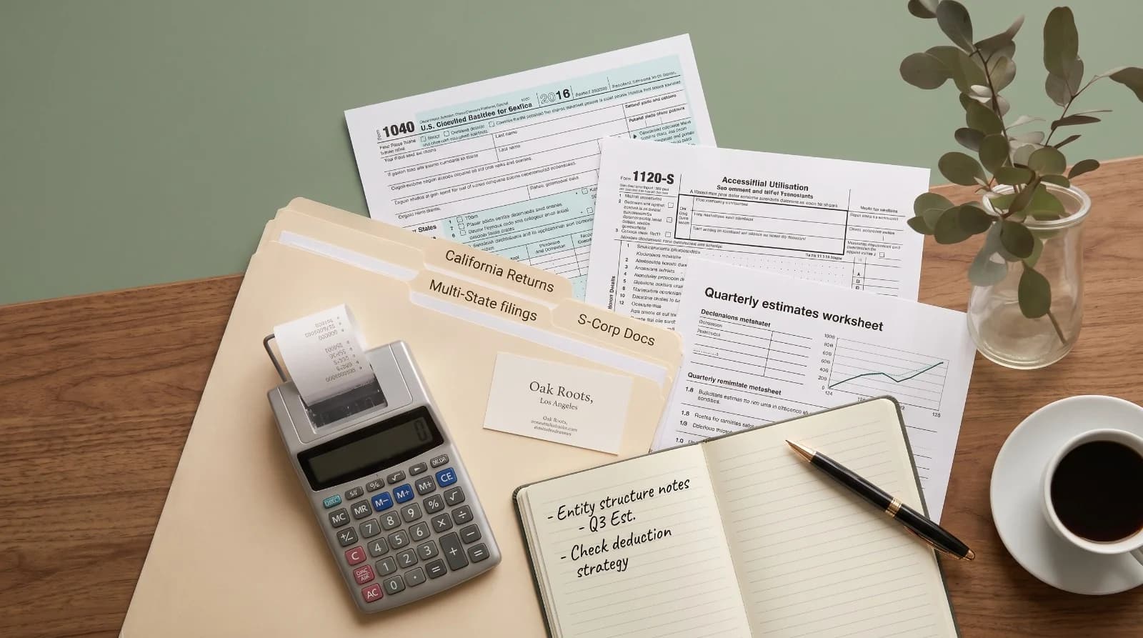 Tax forms, client return folders, and a calculator laid out on a desk, with an Oak Roots business card and notebook nearby.