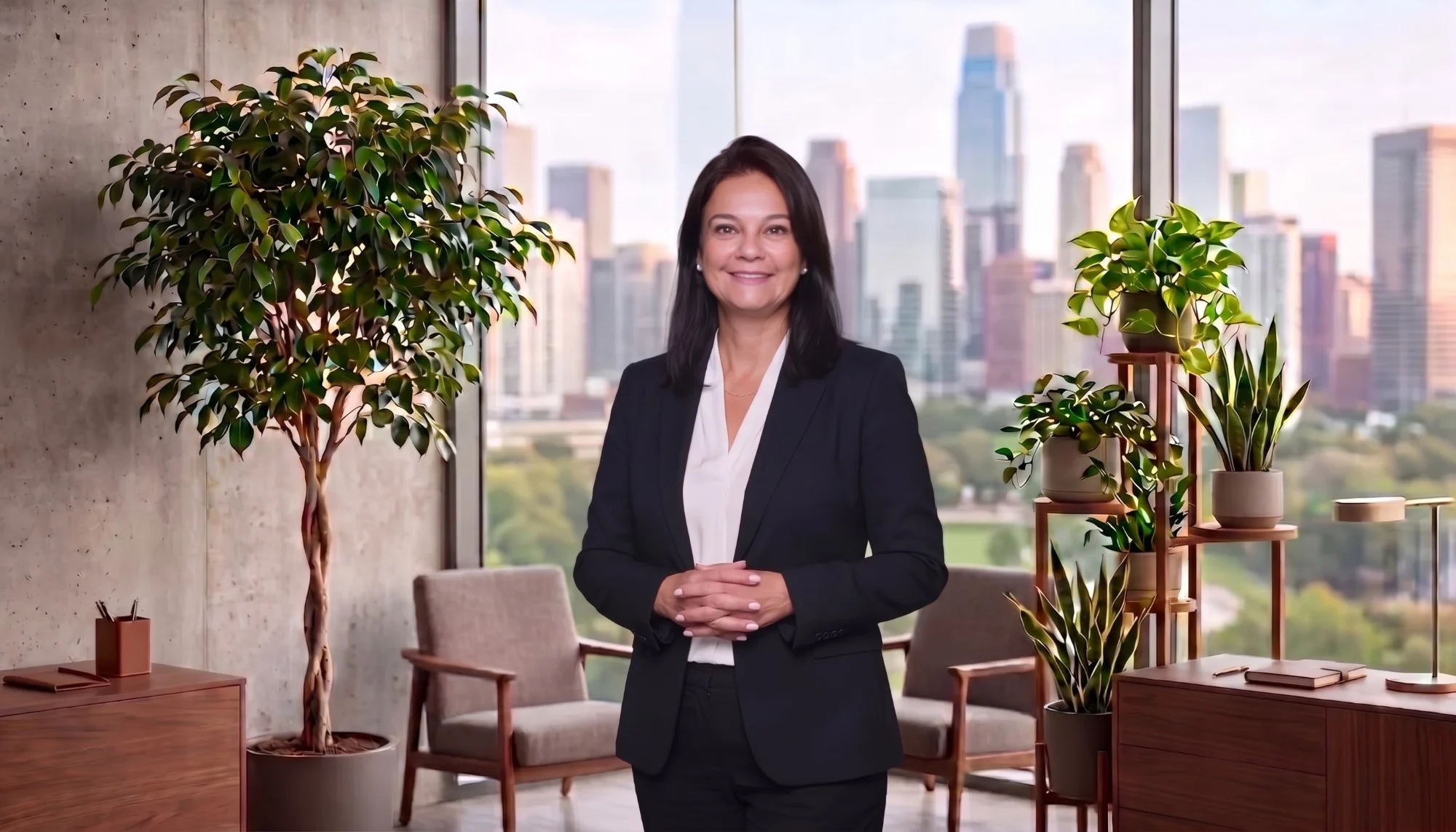 Michelle Jaimes standing in her office, plants and the Los Angeles skyline visible through the window behind her.