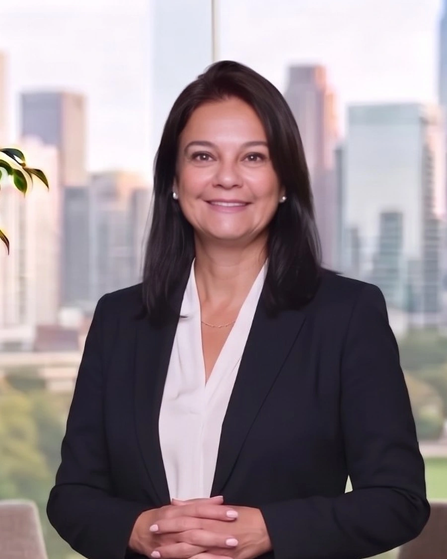 Michelle Jaimes smiling, with the Los Angeles skyline behind her.
